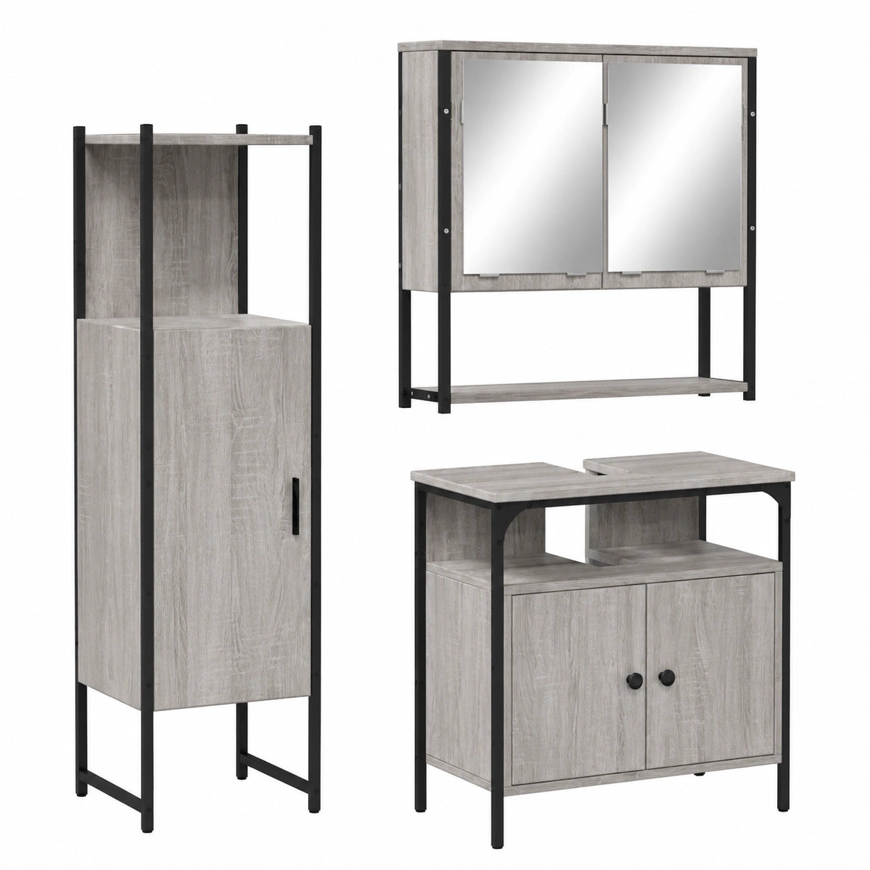 Conjunto de Muebles de Baño 3 Piezas con Almacenamiento y Espejo, Color Gris Sonoma