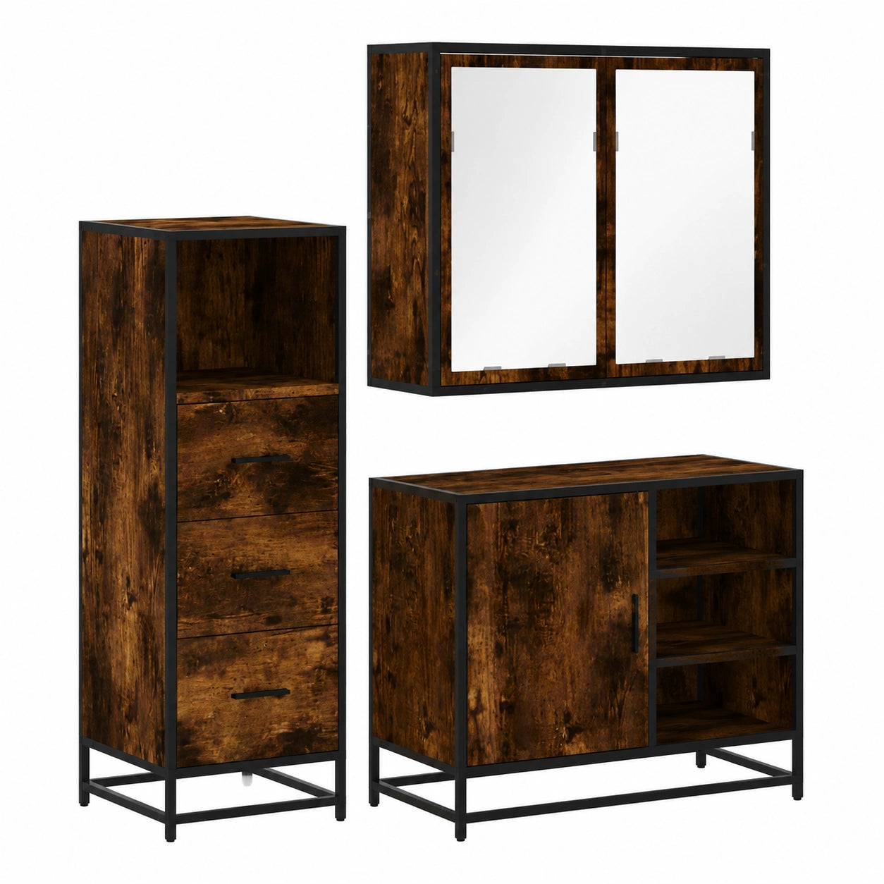 Conjunto de Mobiliario para Baño 3 piezas de Madera Chapada en Roble Ahumado