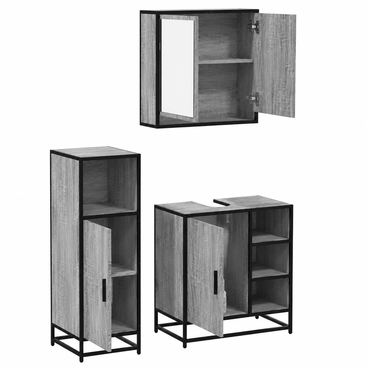 Conjunto moderno de baño de 3 piezas en gris Sonoma con espejo y armarios de almacenaje