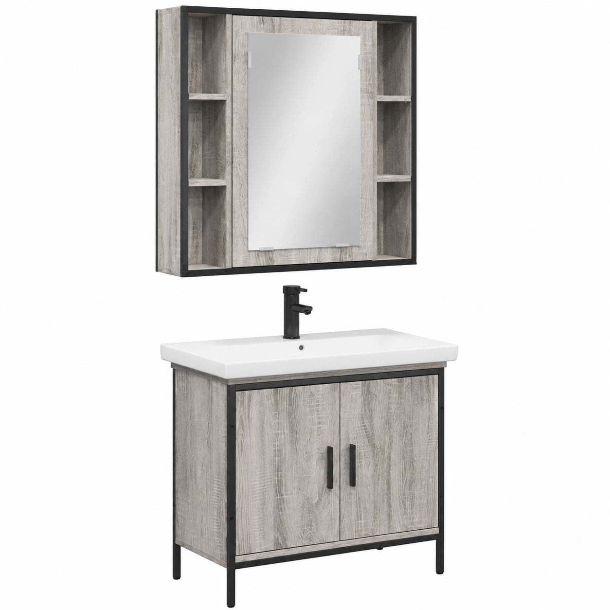 Conjunto de muebles de baño gris Sonoma de 2 piezas, montaje mural, espejo y armario bajo lavabo, resistente a la humedad