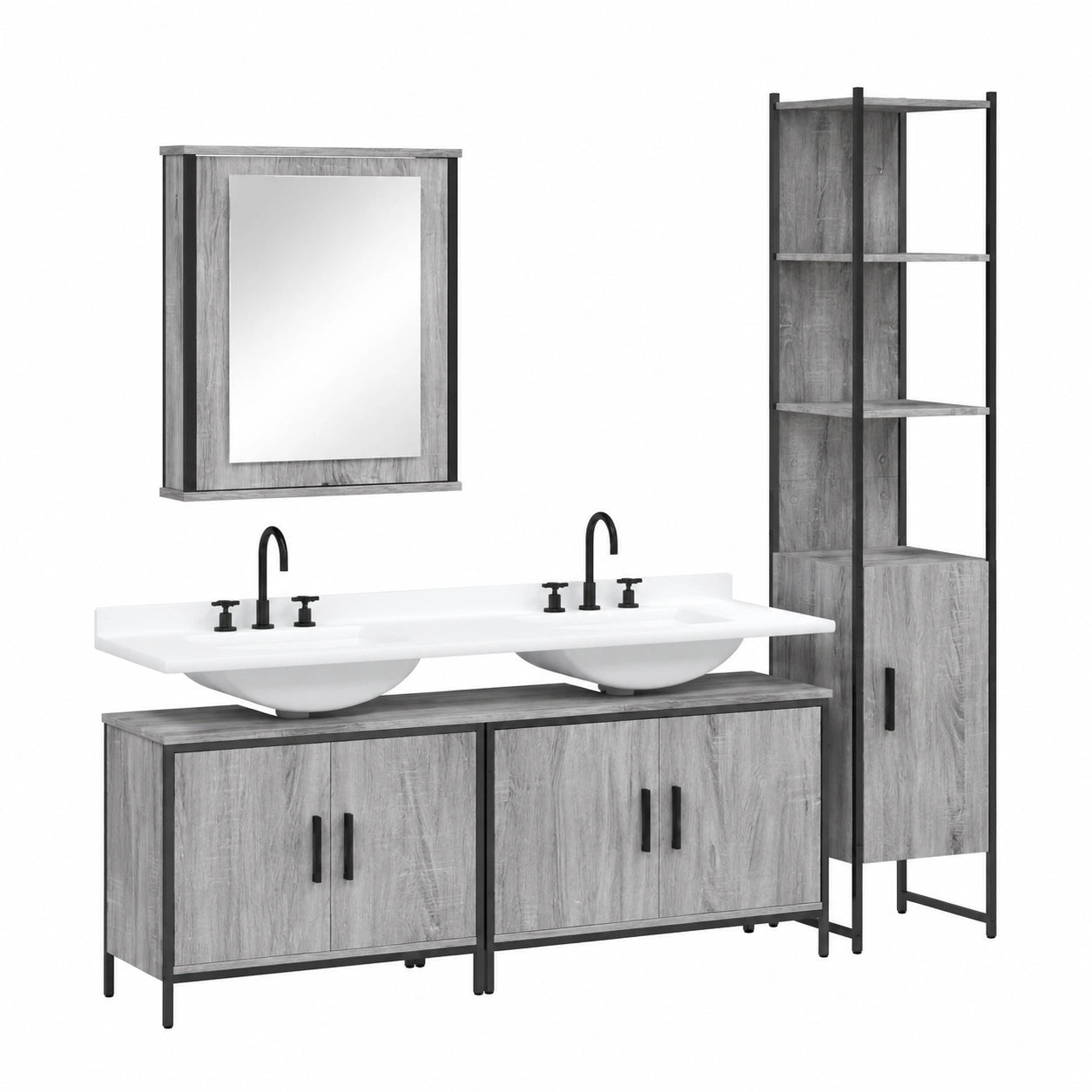 Conjunto de baño moderno en madera Sonoma, incluye espejo, mueble bajo lavabo y armario alto, resistente a la humedad