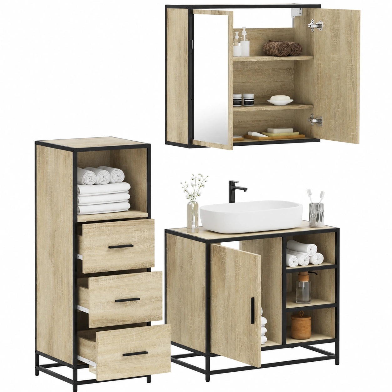 Conjunto de Muebles de Baño 3 Piezas de Madera de Roble Sonoma