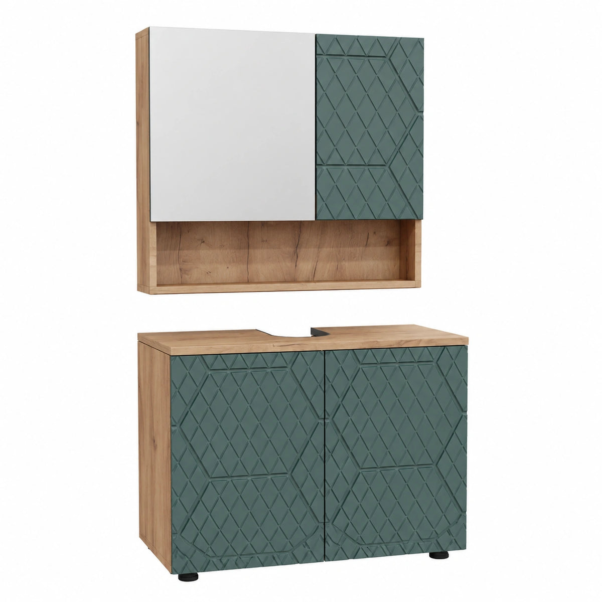 Conjunto de Baño Vicco Irma Roble Verde y Dorado 80cm con Espejo y Mueble Inferior