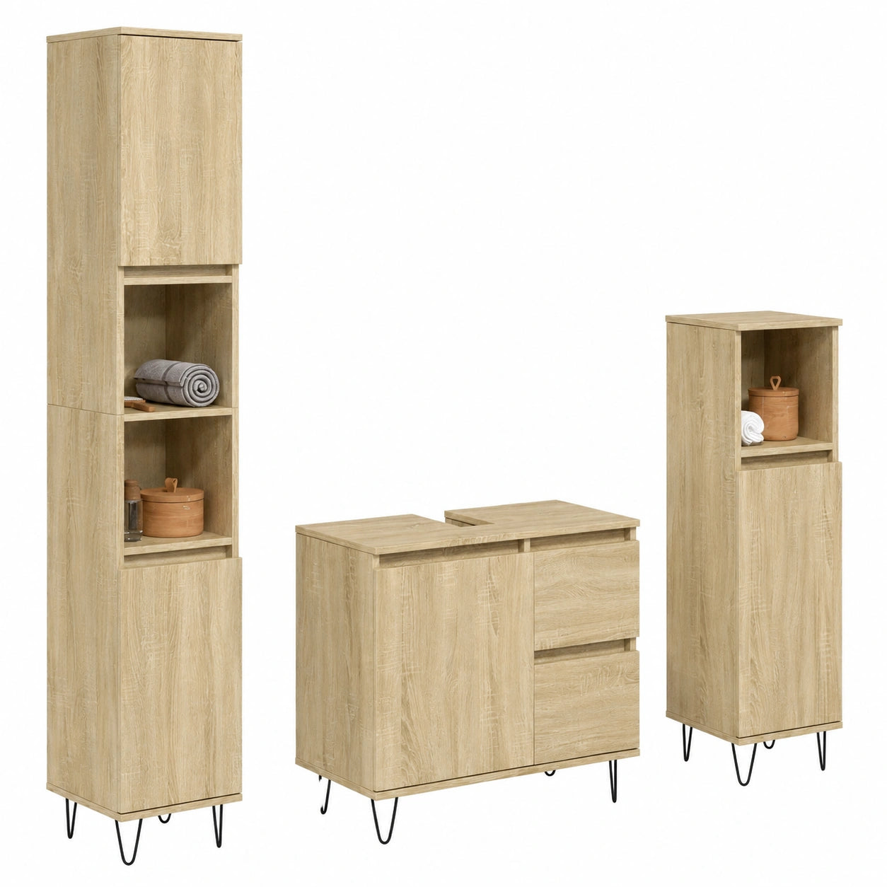 Conjunto de Muebles de Baño Sonoma Roble, 3 Piezas Modernas con Amplio Almacenamiento y Patas de Hierro Estables