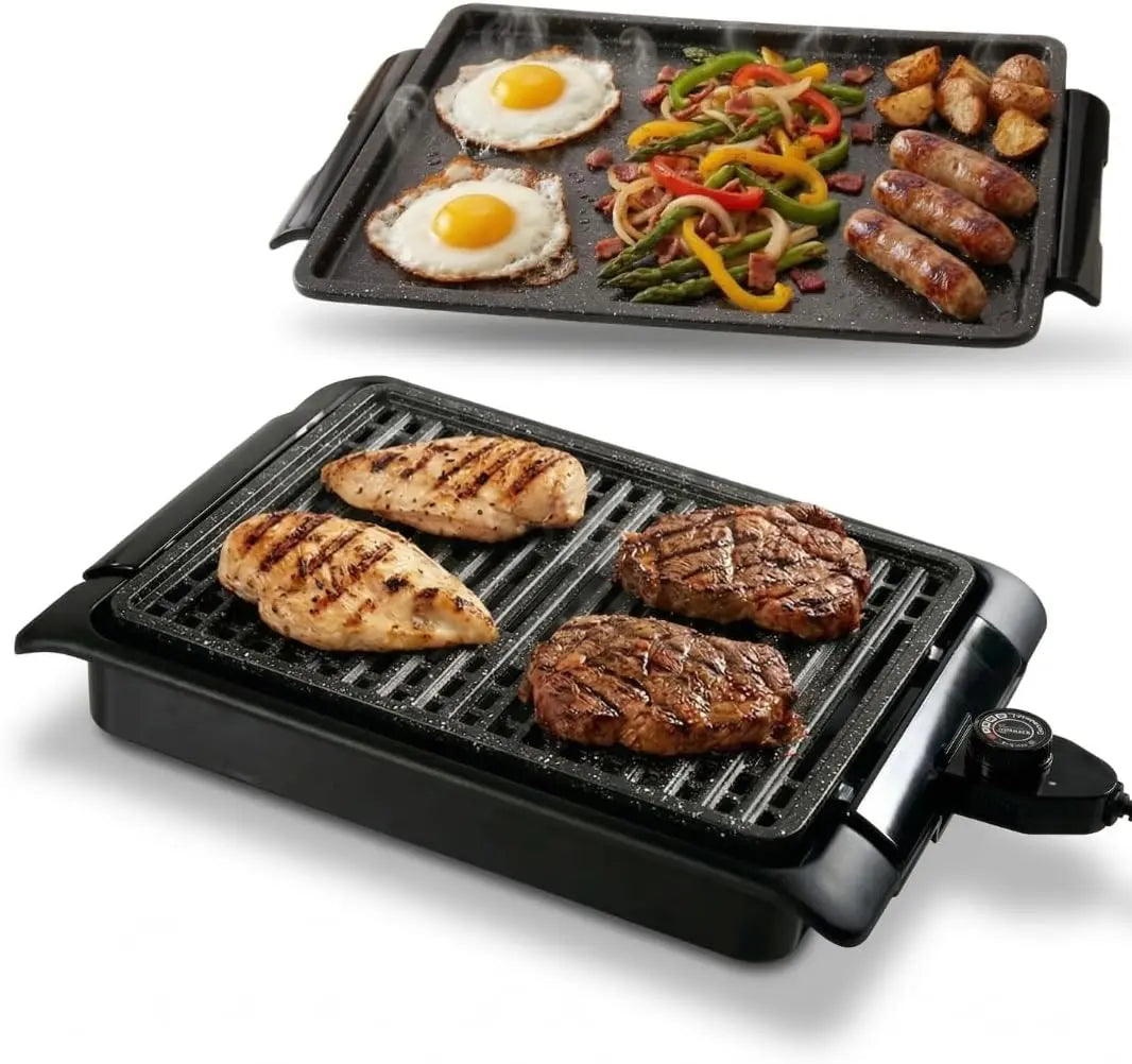 STARLYF Barbacoa el¨¦ctrica Smokefree Grill + Plancha, Barbacoa El¨¦ctrica de 1250W, Parrilla El¨¦ctrica Interior sin Humos ni Olores, Color Negro