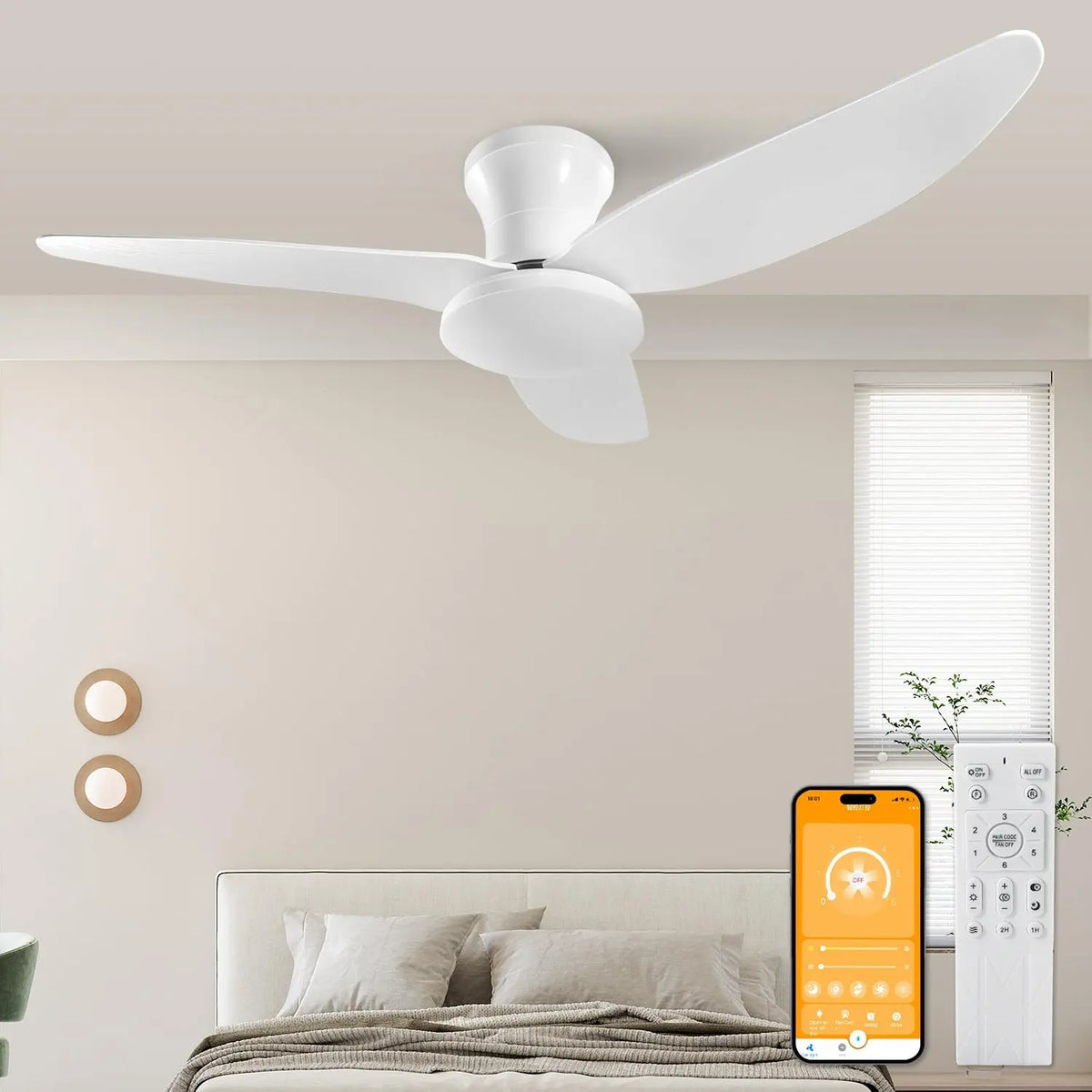 Ventilador Techo con Luz, Ventilador Silencioso con Mandos a Distancia 60W, 6 Velocidades Dc Reversible Ventilador Plaf¨®n Temporizado Para Cocina