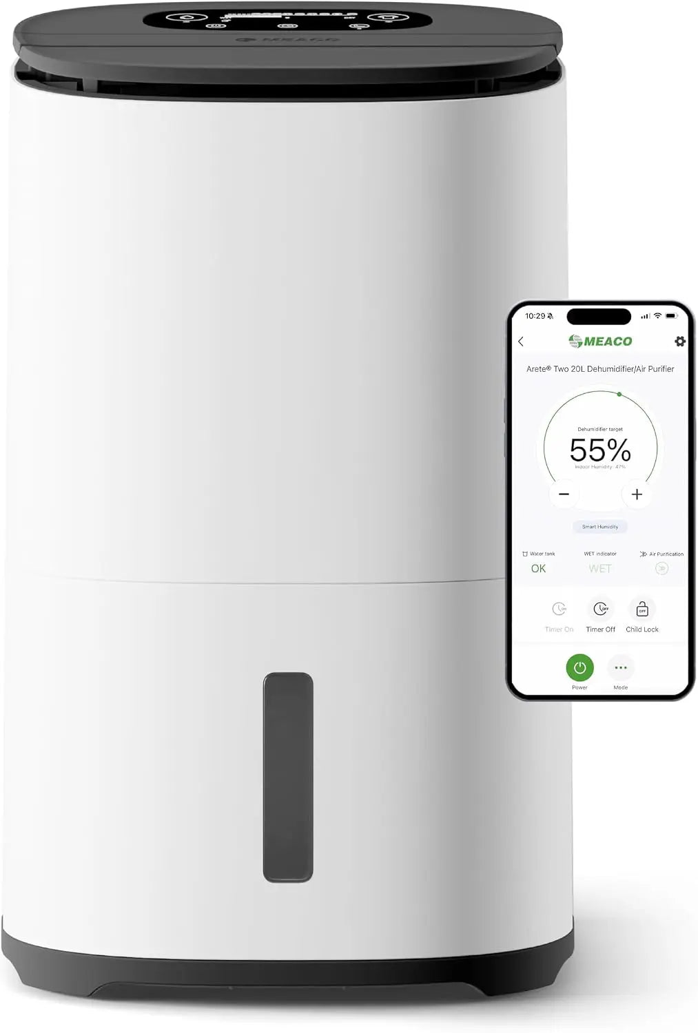 Meaco Deshumidificador Dry Arete Two de 25 L y purificador de aire HEPA H13, bajo consumo, bajo nivel de ruido, aplicaci¨®n Wi-Fi, modo de lavado