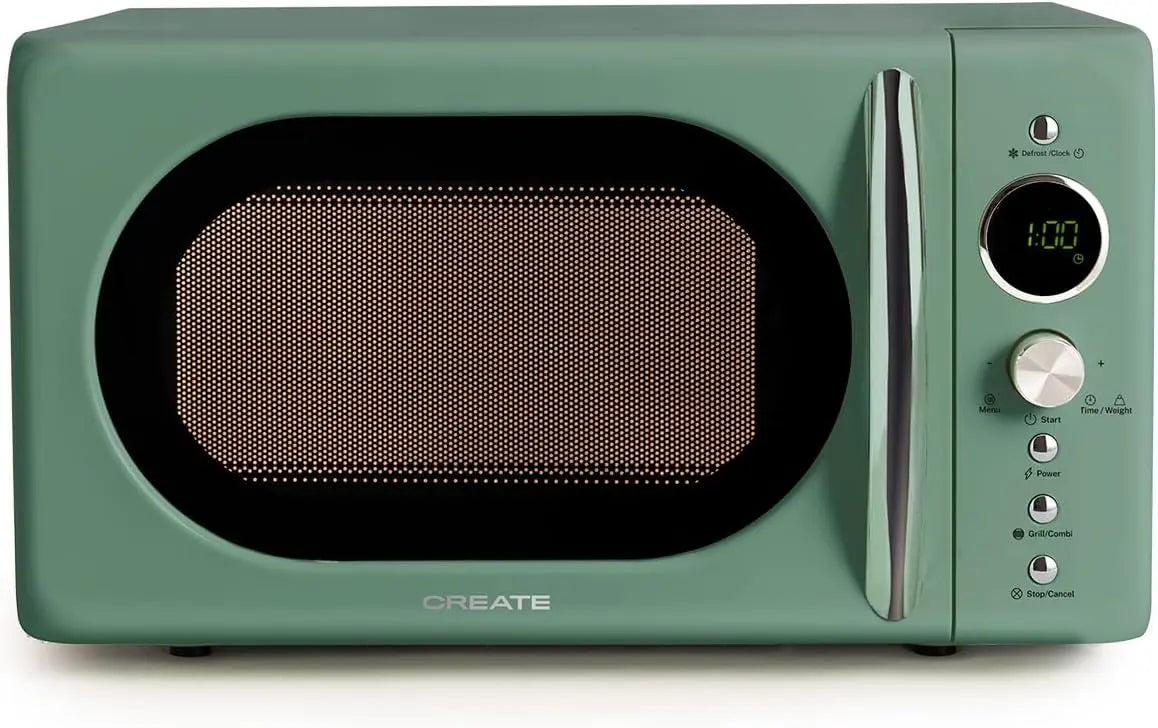 CREATE/microondas RETRO/Microondas grill digital verde sage/Estilo Retro, capacidad 20L, plato de ?245 mm, 3 programas, 9 men¨²s preinstalados, 900W