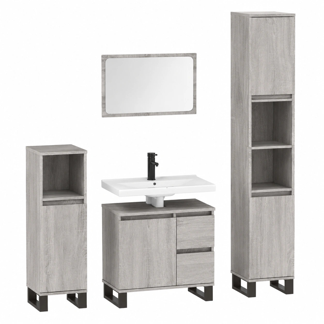Conjunto de muebles de baño gris Sonoma, 3 piezas, madera y hierro, amplio almacenamiento, resistente a la humedad