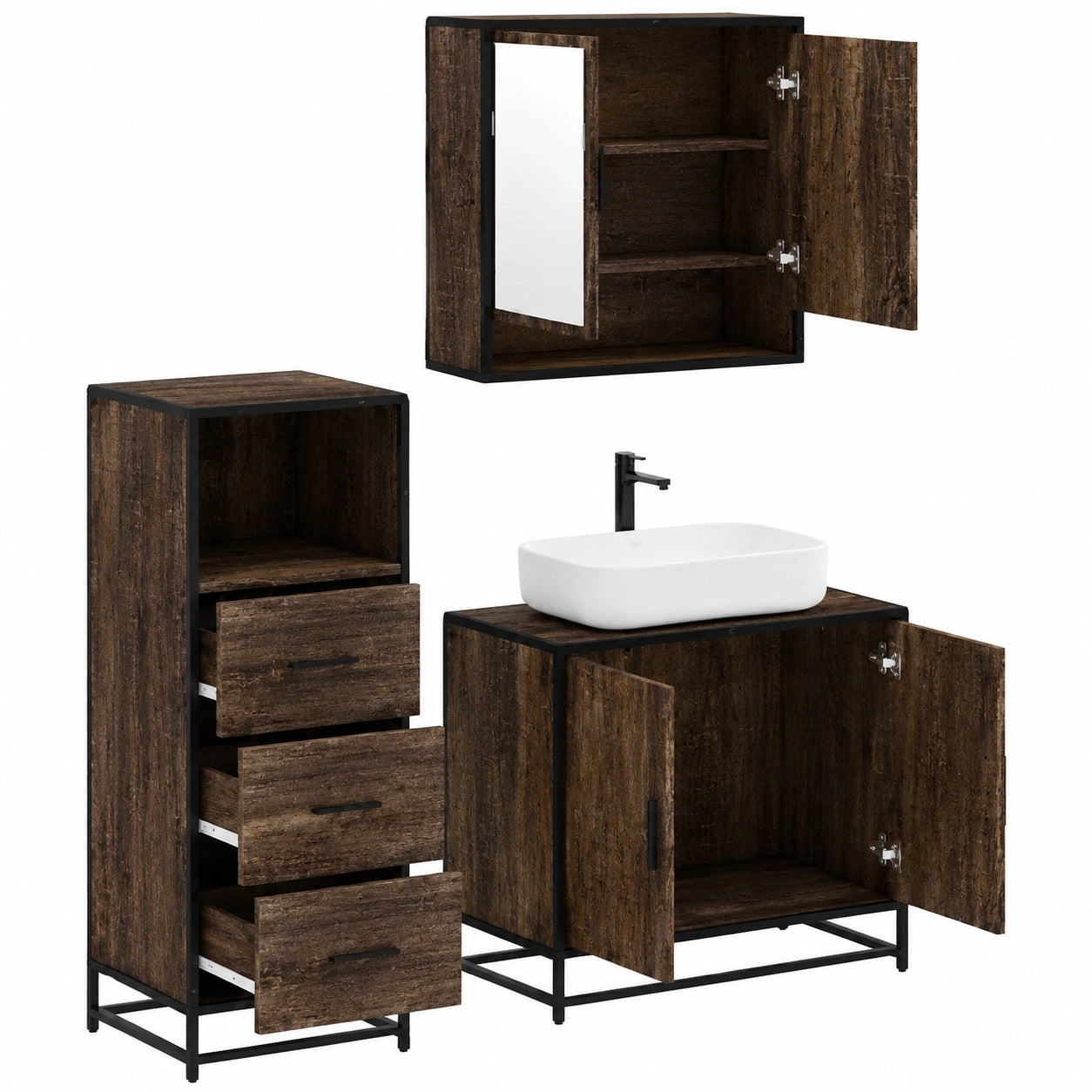 Conjunto de muebles de baño modernos en roble marrón con armarios y espejo
