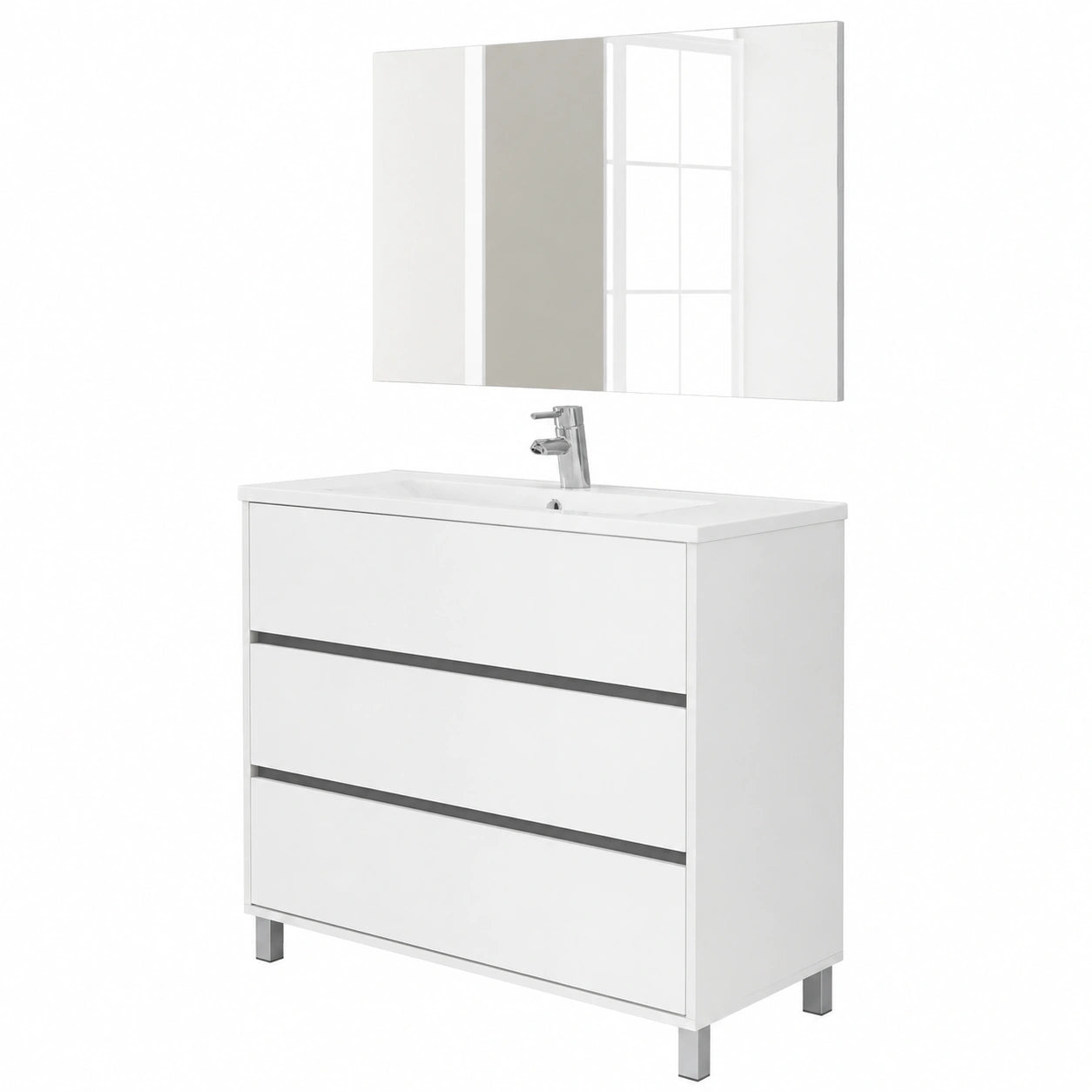 Conjunto de Mueble de Baño Moderno con Lavabo y Espejo, 80cm, 3 Cajones, Roble Cambrian