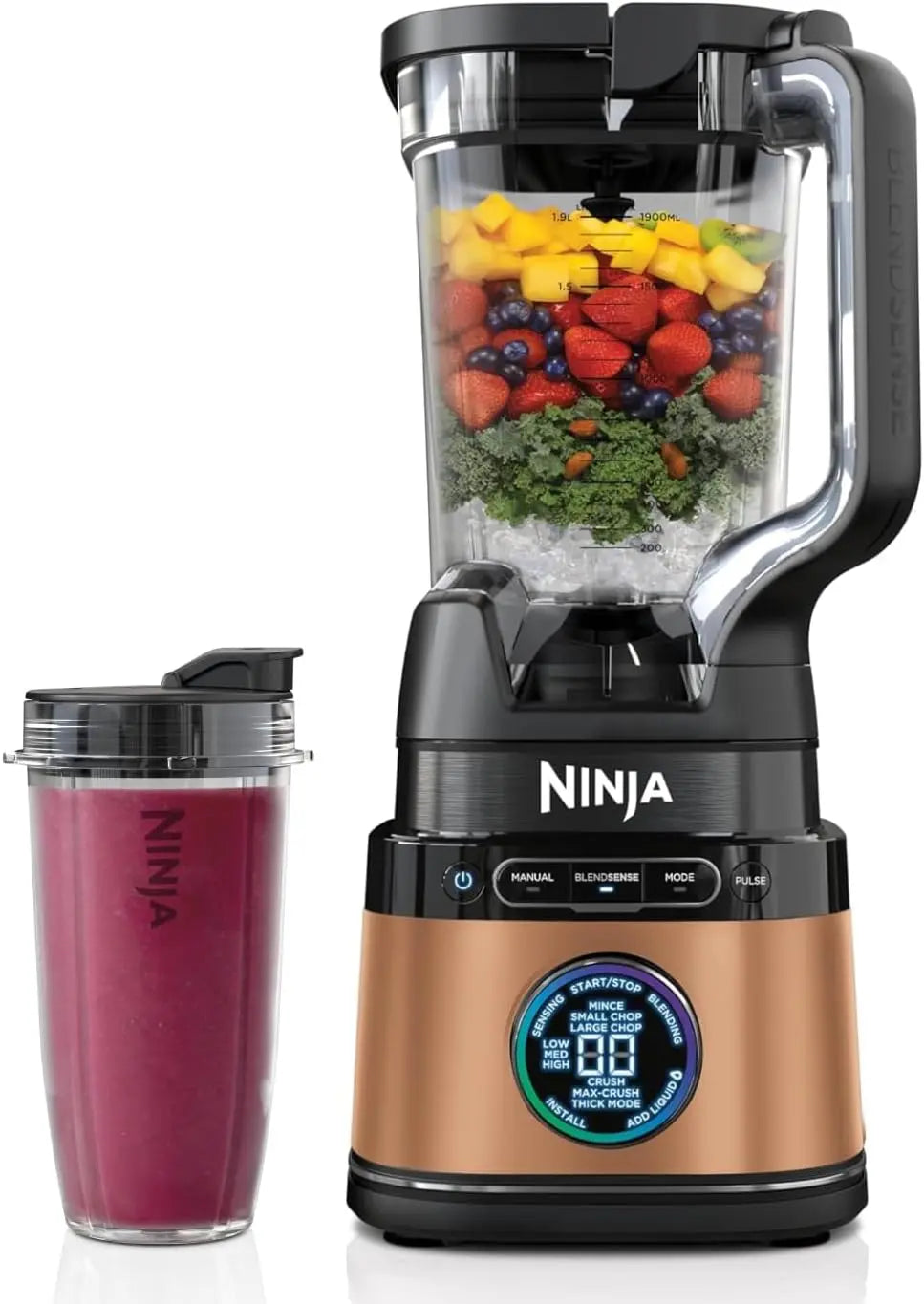 Ninja Detect Power Pro Batidora 2 en 1 (1200W), con jarra de 2 L (capacidad m¨¢x. 1900 ml) y 2 vasos, para smoothies, negro/cobre, TB301EUCP