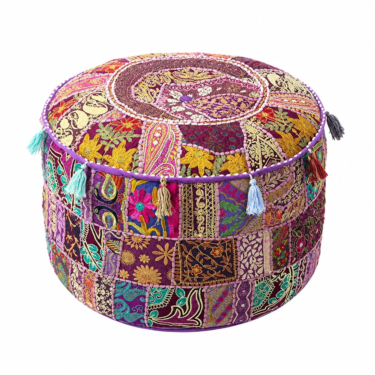 Puf Redondo Patchwork Bohemio Hecho a Mano - Morado, 43x30 cm
