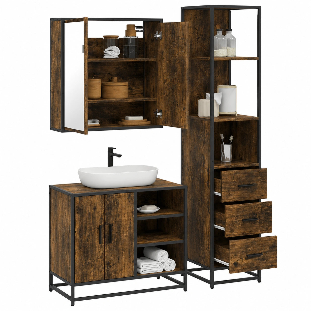 Conjunto de Muebles de Baño 3 Piezas Roble Ahumado con Espejo