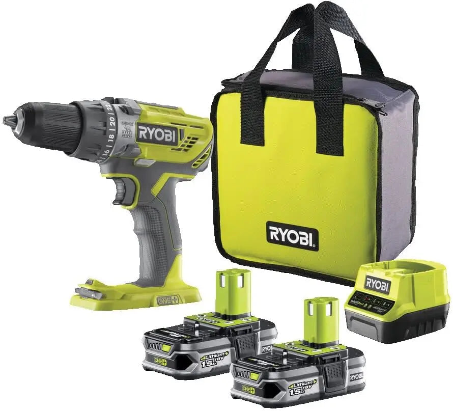RYOBI Taladro Percutor Atornillador Inal¨¢mbrico 18V ONE+ con 2 Bater¨ªas 1.5Ah, Cargador y Bolsa, 2 Velocidades