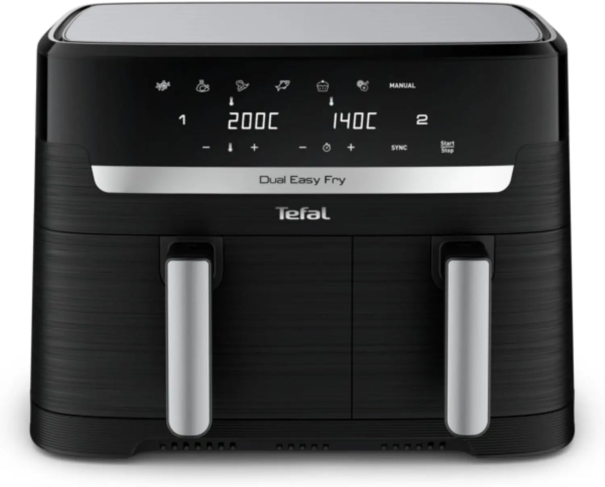 Tefal Dual Easy Fry EY9018, Freidora de aire caliente de doble c¨¢mara (5, 2/3, 1 L, dos cajones independientes, 7 programas autom¨¢ticos, color negro