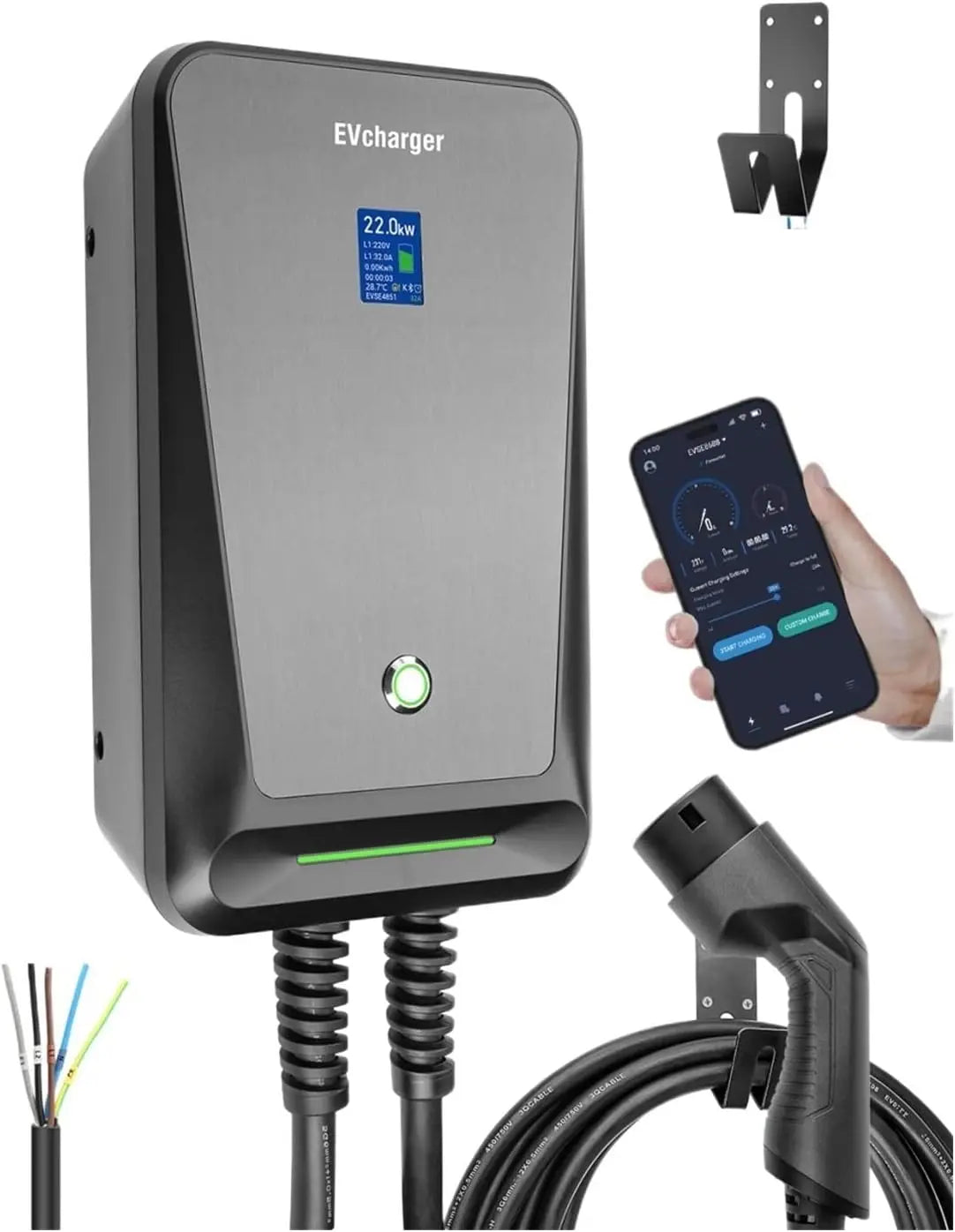 Cargador de coche el¨¦ctrico Cargador EV tipo 2 aplicaci¨®n Control 32A trif¨¢sico veh¨ªculo el¨¦ctrico estaci¨®n de carga de coche EVSE Wallbox con Cable