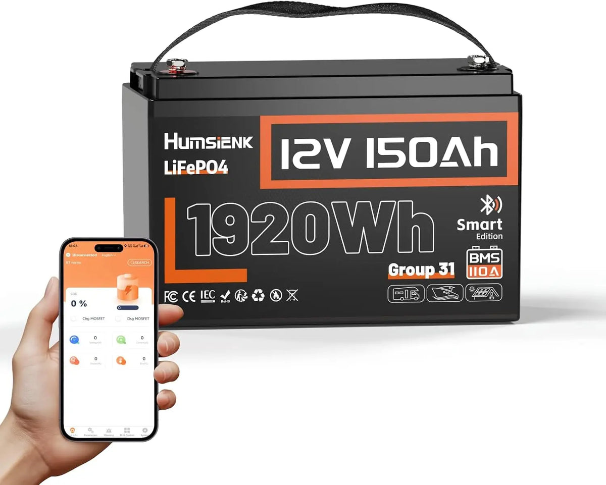 HumsiENK Bater¨ªa de Litio 12V 150Ah, Bater¨ªa LiFePO4 con Bluetooth y BMS 110A, Bater¨ªa Recargable 1920Wh, 15000 Ciclos, Solar, Barcos y Camper