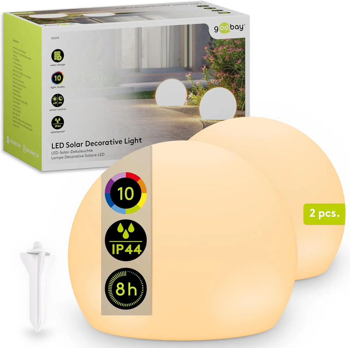 goobay Set de 2 L¨¢mparas solar LED RGB 20 cm para jard¨ªn y exterior, esferas IP44 impermeables, luz ambiental con 10 modos, con estaca