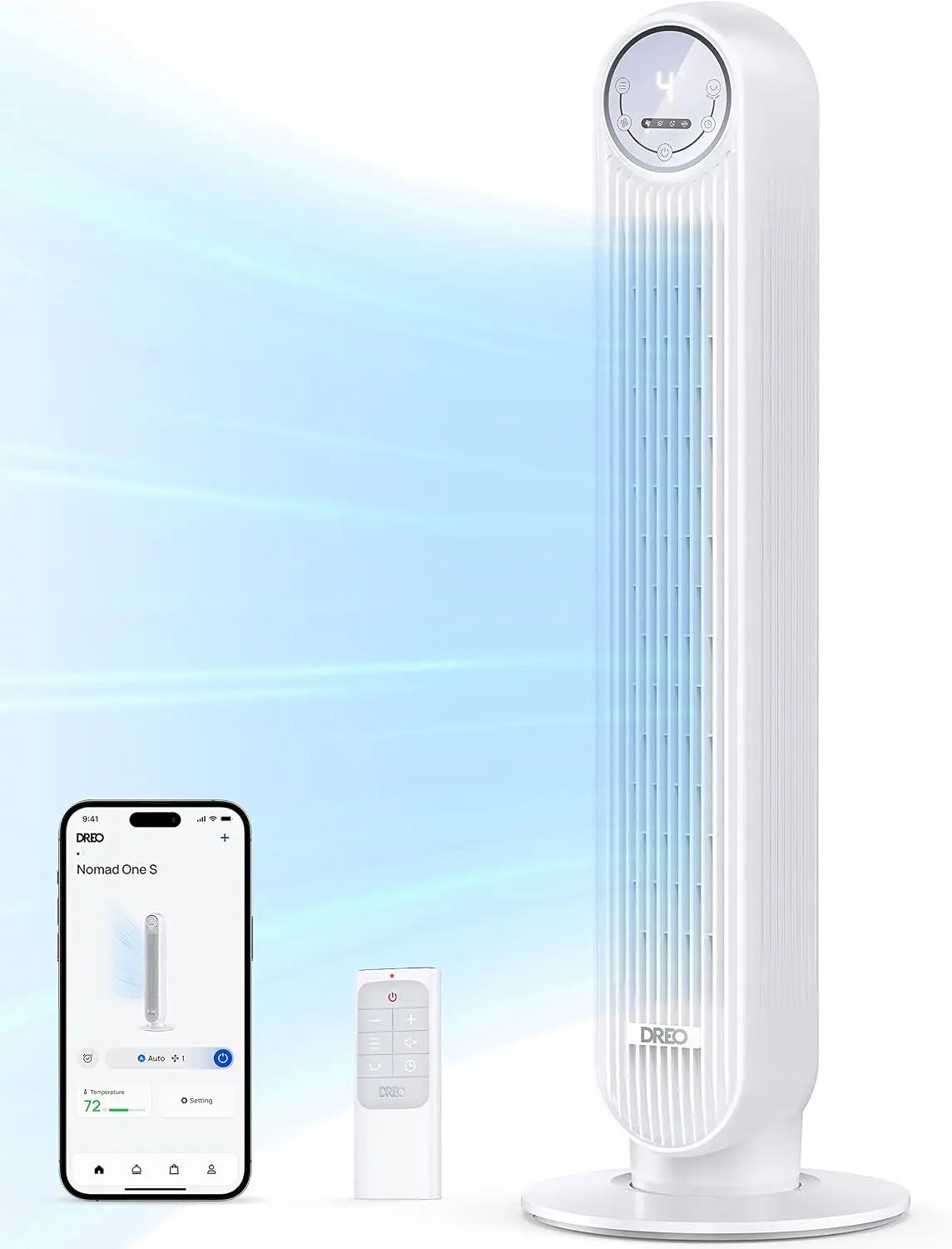 Dreo ventilador de pie silencioso, ventilador de torre con velocidad de 7, 6 m/s, 4 velocidades, rotaci¨®n de 90¡ã, temporizador de 8 horas
