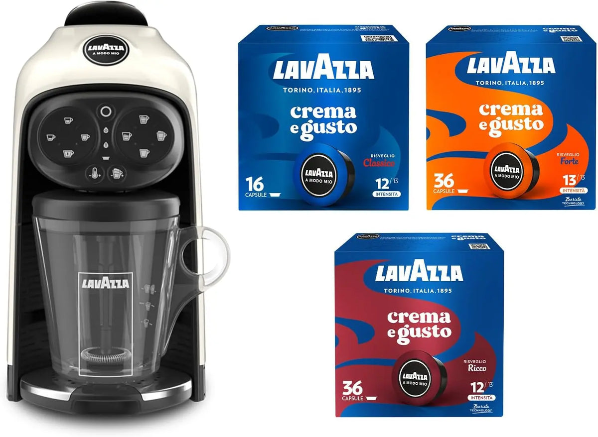 Lavazza, A Modo Mio Cafetera Des¨¦a blanco Cream con 88 c¨¢psulas crema y sabor surtidos, espresso 1500 W, 220-240 V, 50/60 Hz, 1 litros de agua