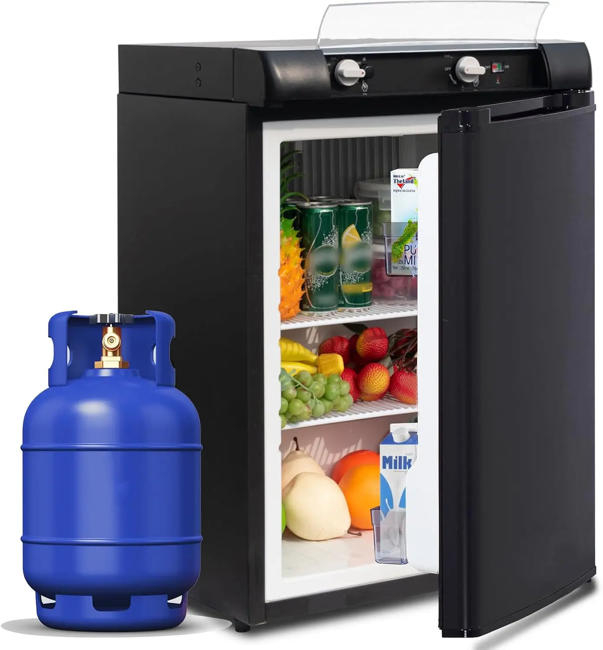 SMETA Nevera Camping 12V 220V Gas, Nevera Trivalente 60L, Frigor¨ªfico Peque?o para Furgoneta, Camper, Caravana, RV, Cami¨®n, Yate, Negro, Silenciosa