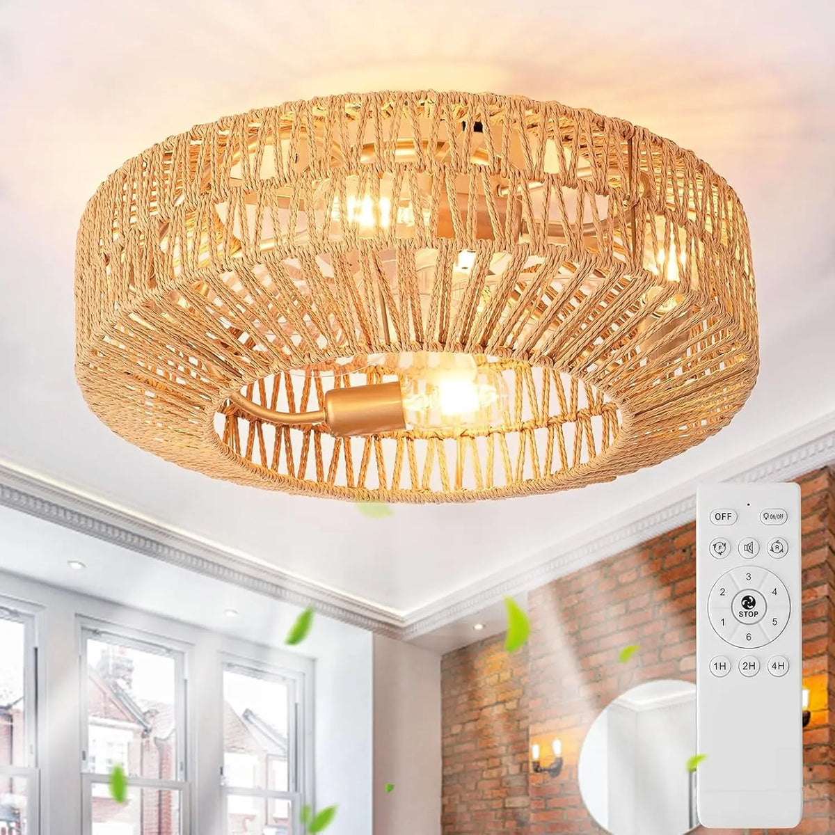 MiiR Ventilador De Techo Con Iluminaci¨®n Y Mando A Distancia E27 Retro Cuerda De C¨¢?amo Luz Ventilador Silencioso 6 Velocidades Reversible Motor Luz