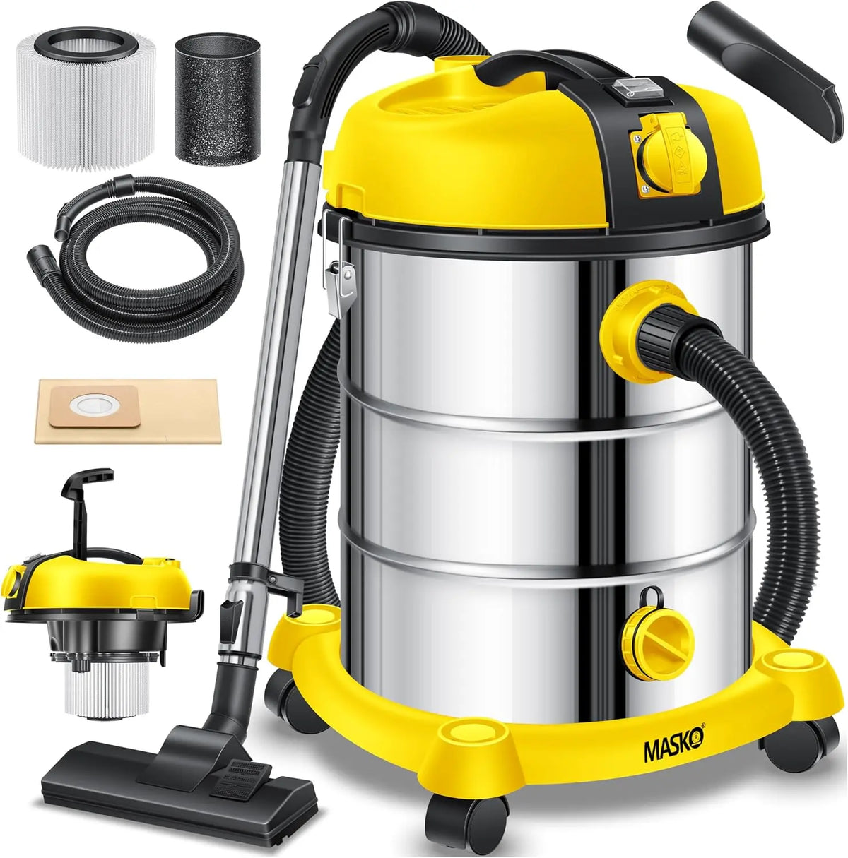 MASKO Aspiradora industrial en seco y h¨²medo, de acero inoxidable, 2300 W, con enchufe, funci¨®n de soplado, Push&Clean, con y sin bolsa, sin bolsa