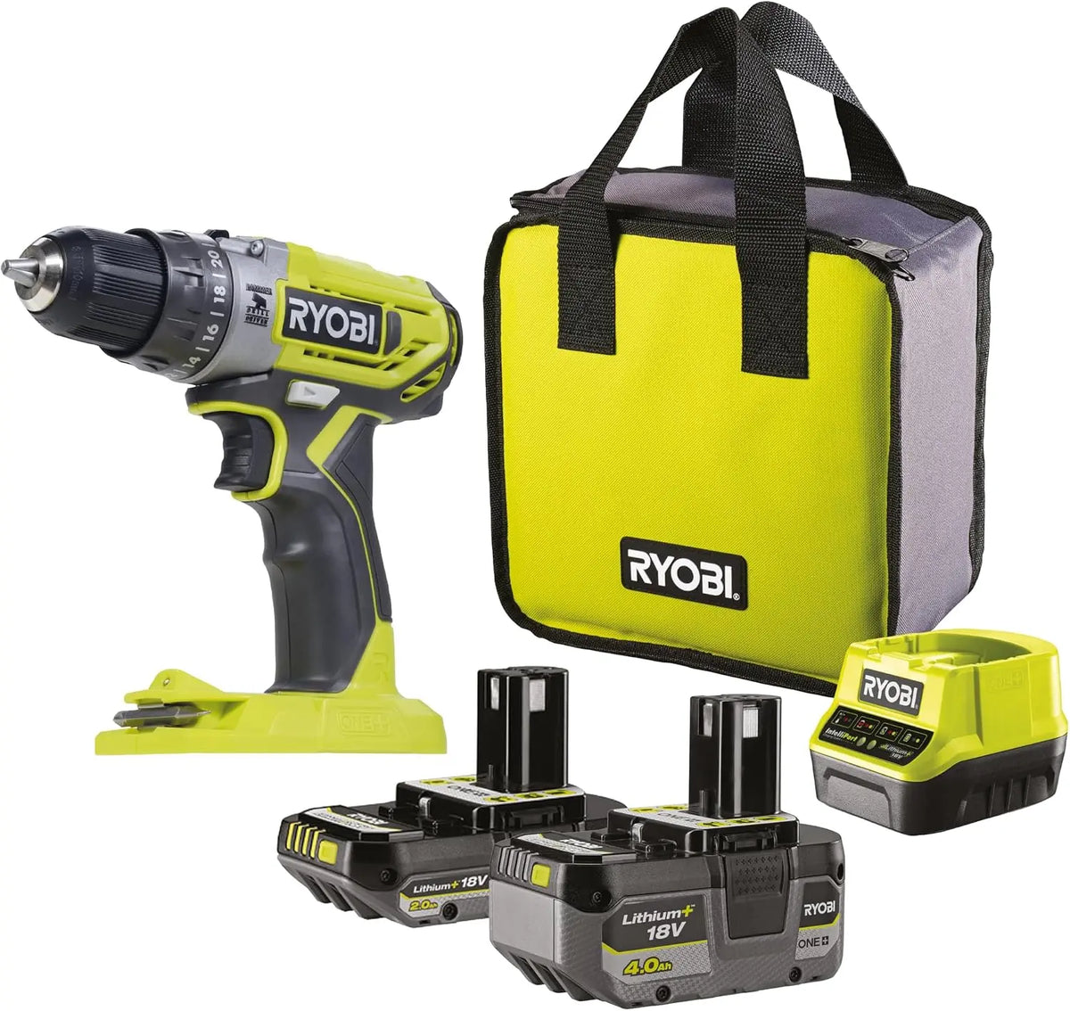RYOBI Taladro Percutor 18V ONE+ con Bater¨ªas 2.0Ah y 4.0Ah, Cargador y Bolsa, Potente, Compacto y Garant¨ªa Extendida