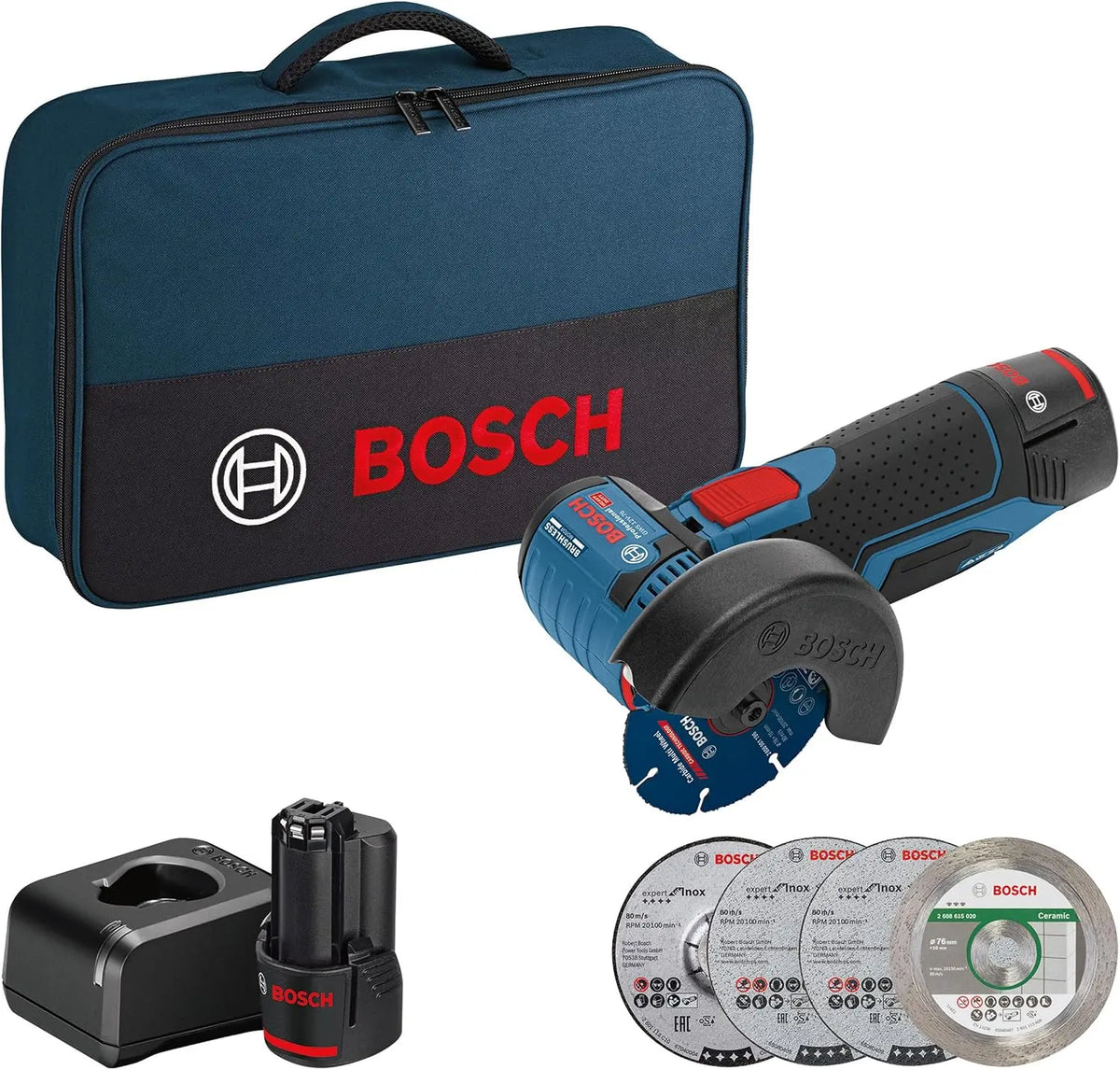 Bosch profesional 12V sistema amoladora angular a bater¨ªa GWS 12V-76 (incl. 2 bater¨ªas 2.0Ah, set de 5 discos de tronzado y amolado, bolsa)