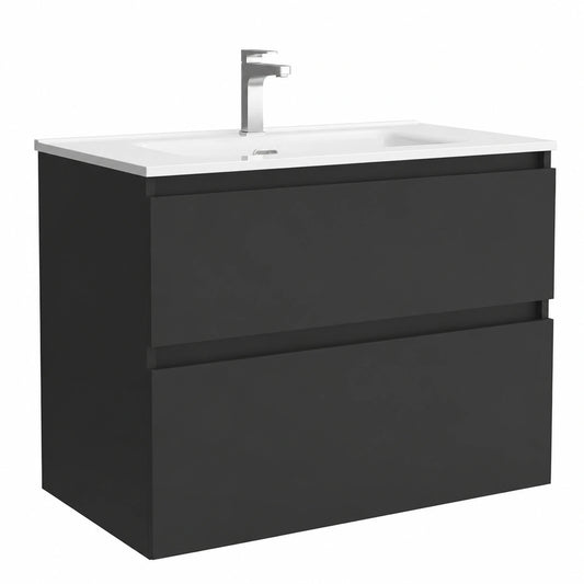 Mueble de baño 80 cm Negro Mate con Lavabo de Porcelana Blanca, 2 Cajones Soft-Close