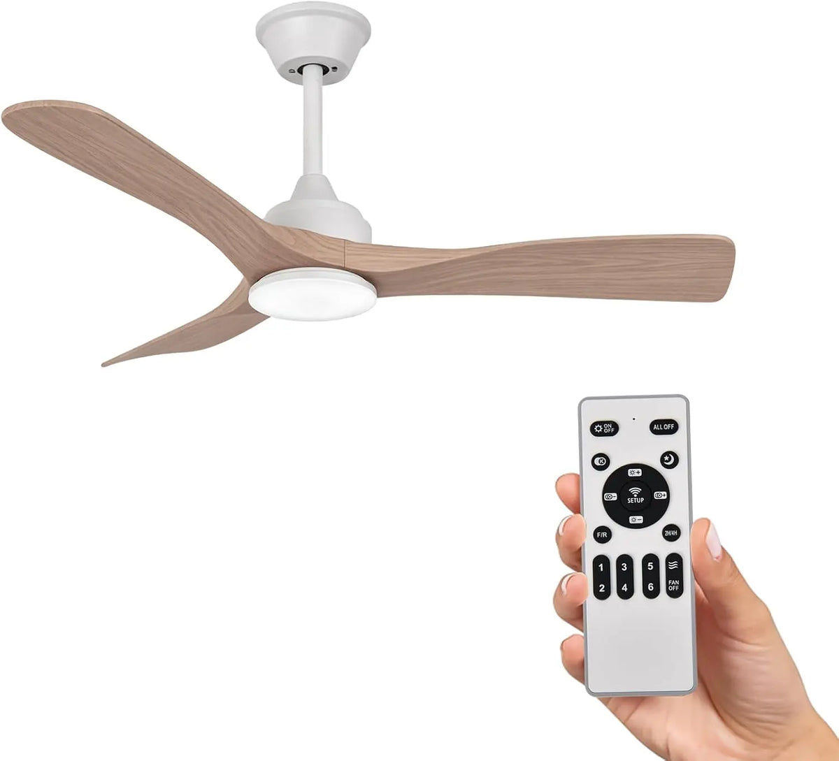 Ventilador de Techo con Luz y Mando a Distancia 106cm, Motor DC Silencioso, 3 Aspas pl¨¢stico con Efecto Madera Clara, LED Regulable, Blanco y Madera