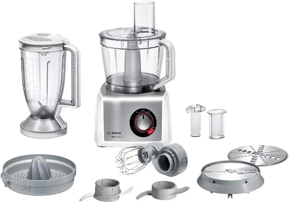 Bosch, Procesador de alimentos MultiTalent 8, 1250 W, 3.9 litros de capacidad, multi-accesorios, Blanco, Acero inoxidable, MC812S820