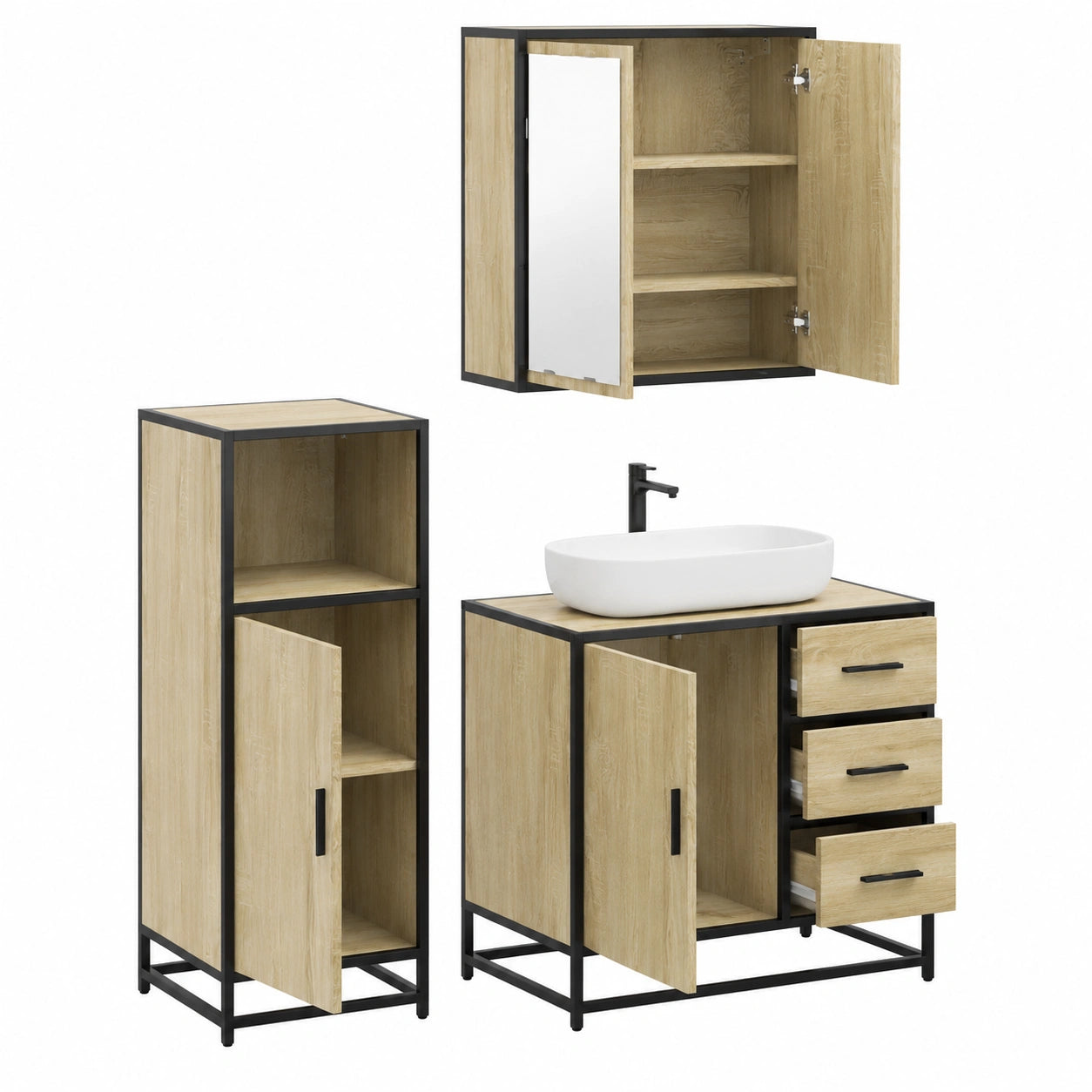 Conjunto de Muebles de Baño 3 piezas Roble Sonoma Madera