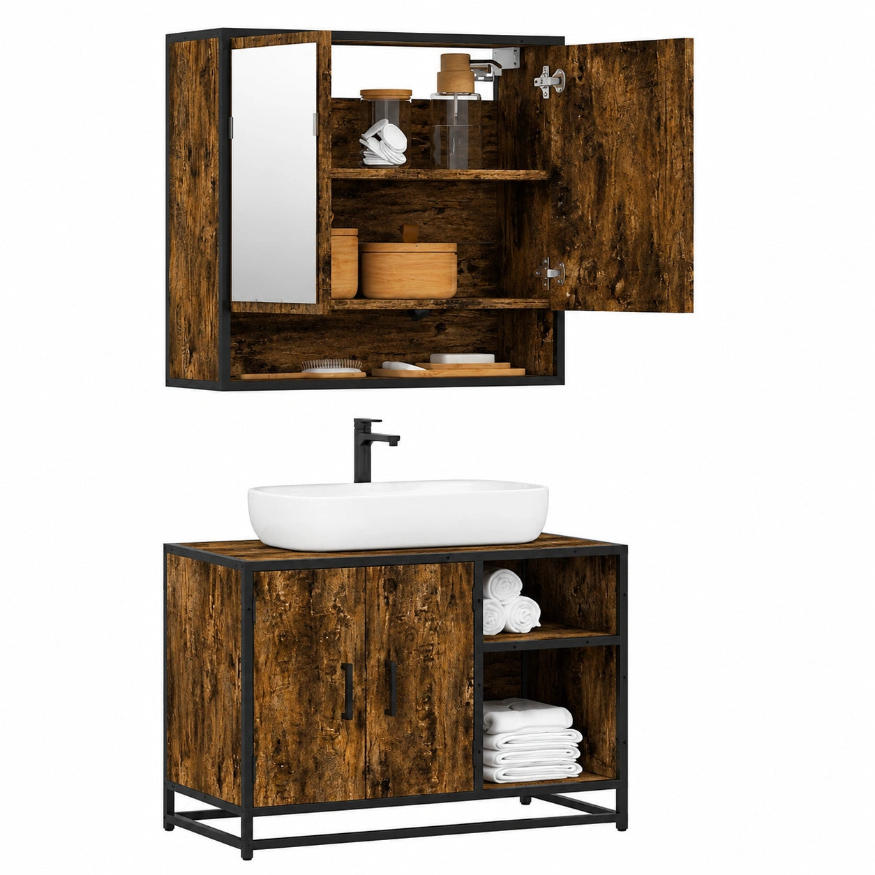 Conjunto de Muebles de Baño 2 Piezas, Madera Contrachapada Roble Ahumado