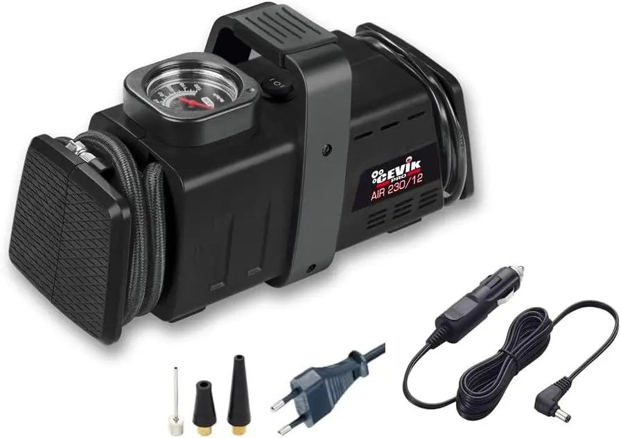 CEVIK PRO, CA-AIR230/12, Compresor Aire Port¨¢til Dual, 230V/12V, 13 l/min, M¨¢x 7Bar, Compacto y Sin Mantenimiento, para Coche y Hogar