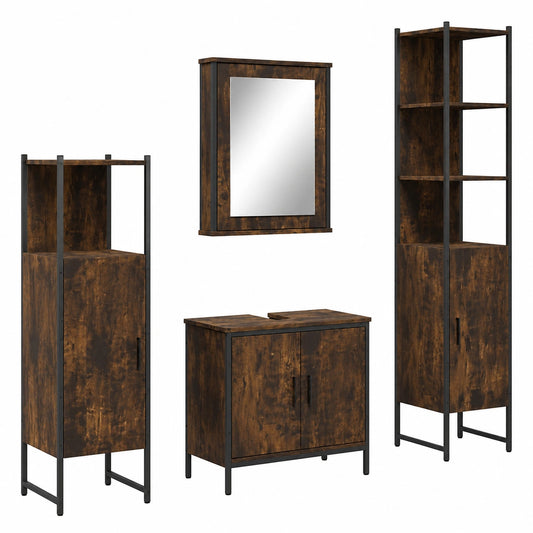 Conjunto de Muebles de Baño de 4 Piezas con Armarios, Espejo y Almacenamiento - Roble Ahumado