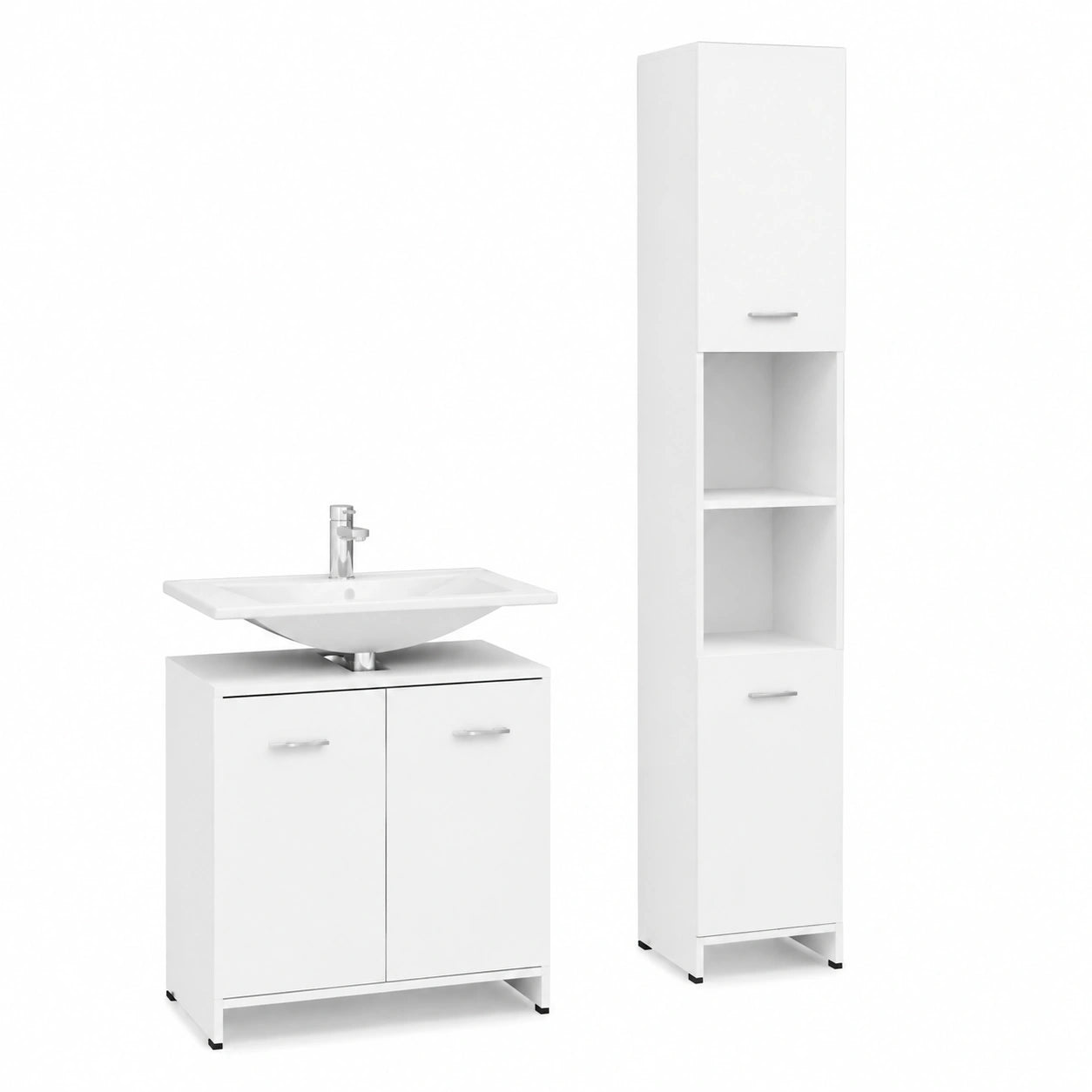 Conjunto de muebles de baño blancos de 3 piezas: armario alto, armario bajo y espejo para un baño elegante y organizado