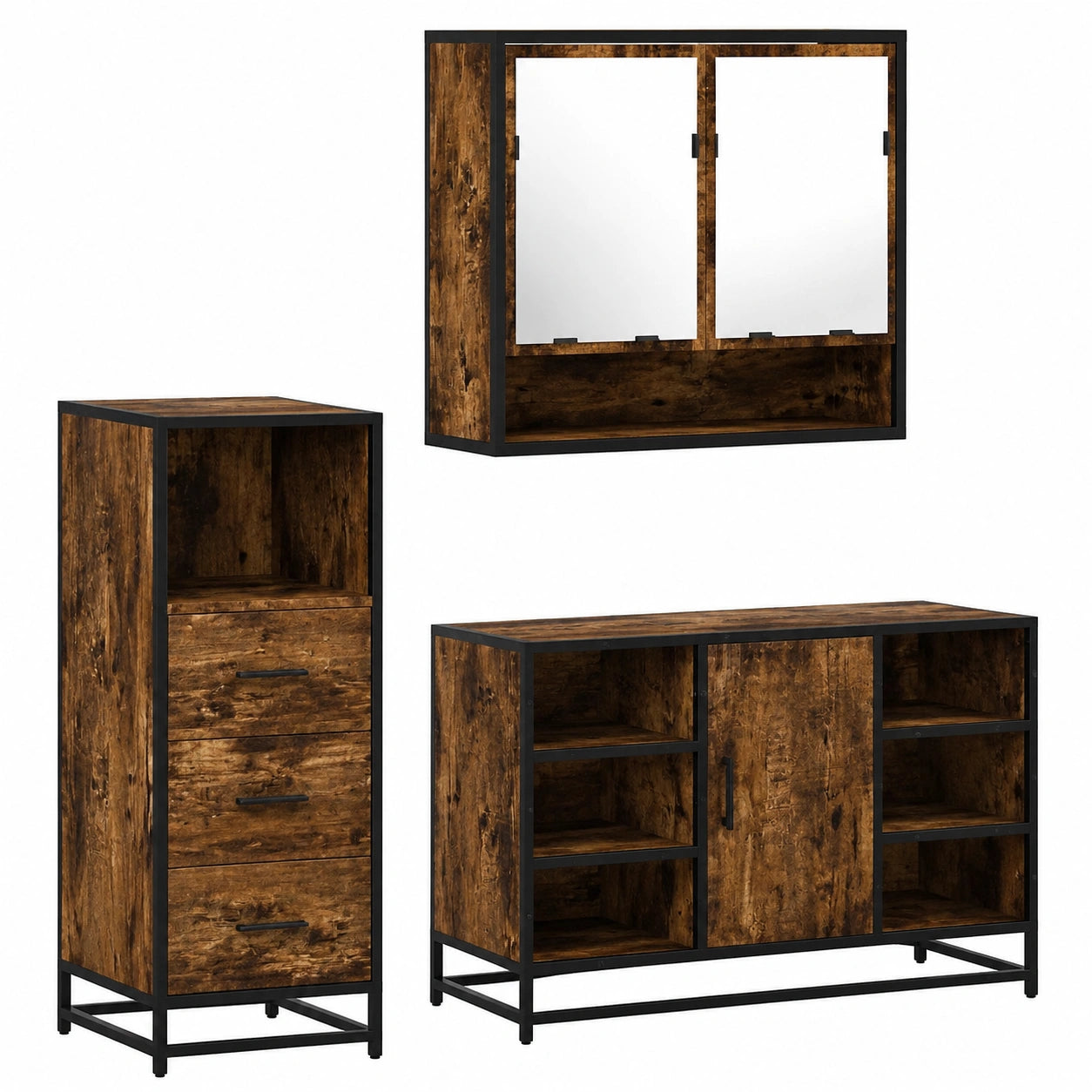 Conjunto de Muebles de Baño de 3 Piezas en Madera de Roble Ahumado