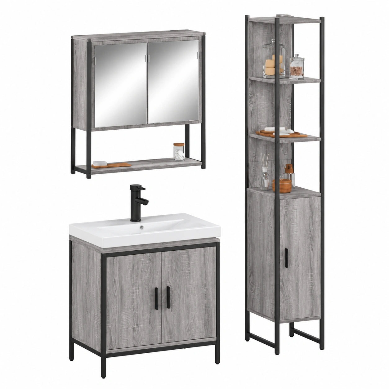Conjunto de muebles para baño gris Sonoma, 3 piezas, moderno, con armario y espejo