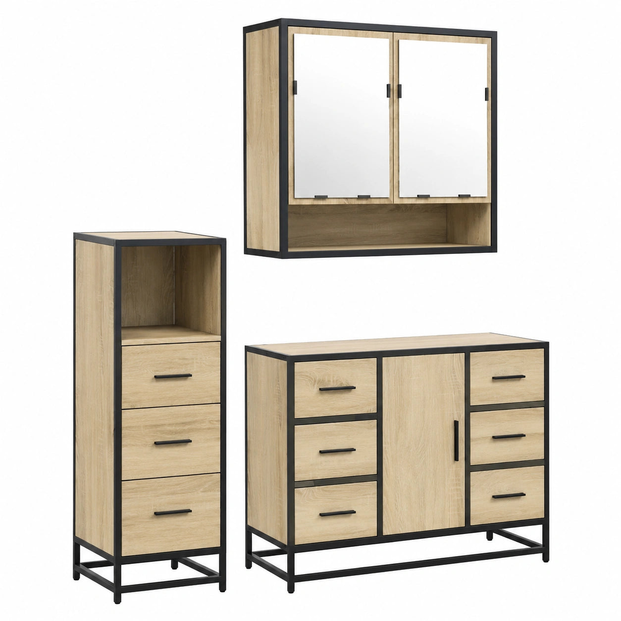 Conjunto de Muebles de Baño de 3 Piezas en Madera de Roble Sonoma