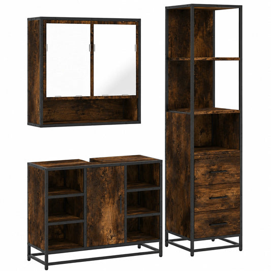 Conjunto de Muebles de Baño de 3 Piezas en Madera de Roble Ahumado