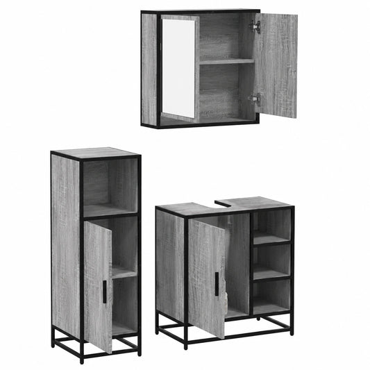 Conjunto moderno de baño de 3 piezas en gris Sonoma con espejo y armarios de almacenaje