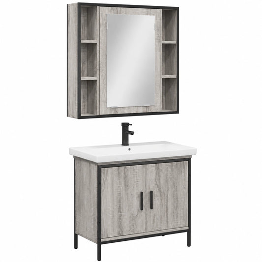 Conjunto de muebles de baño gris Sonoma de 2 piezas, montaje mural, espejo y armario bajo lavabo, resistente a la humedad