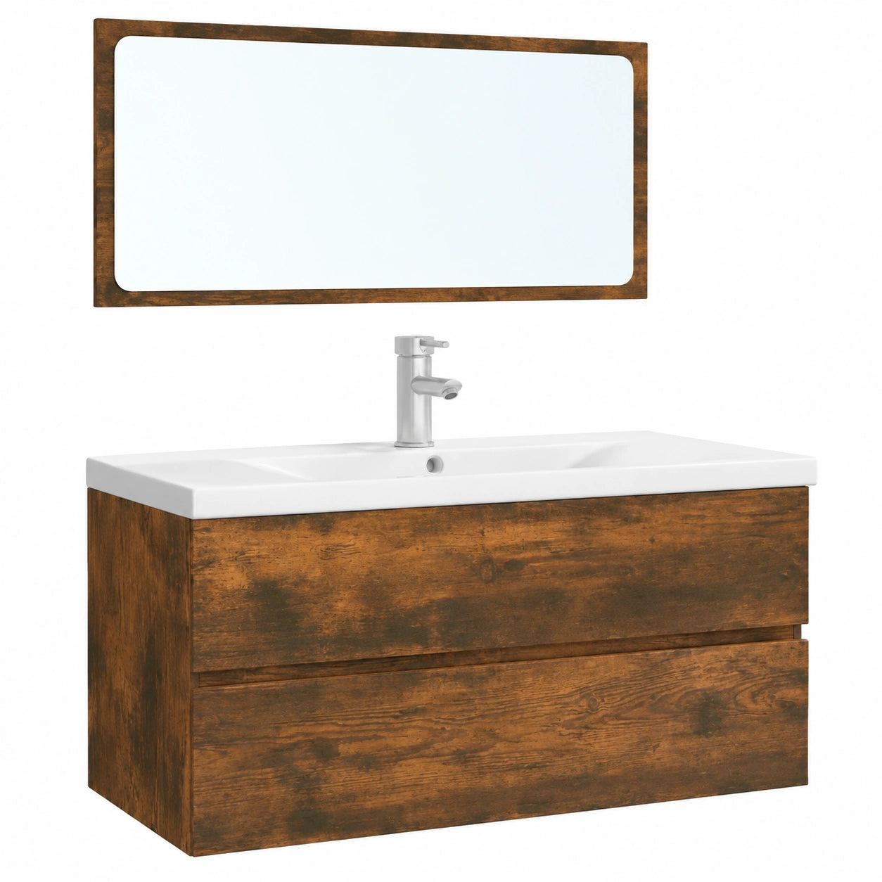 Conjunto de Muebles de Baño Roble Ahumado con Armario y Espejo