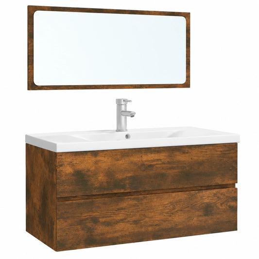 Conjunto de Muebles de Baño Roble Ahumado con Armario y Espejo