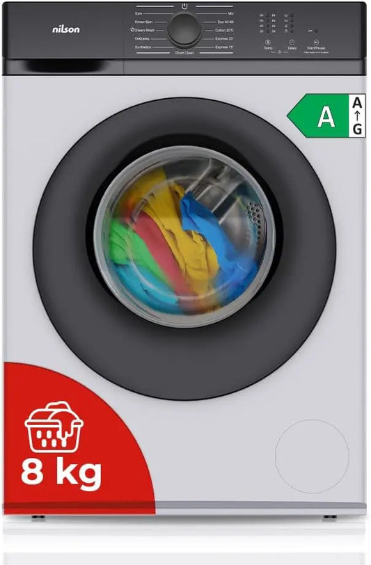 Nilson Lavadora 8Kg Carga Frontal Blanco NL8200AI. 1600W, 1200rpm, Motor de velocidad variable, 11 Programas, Funci¨®n Stop&Go, Tambor Diamante