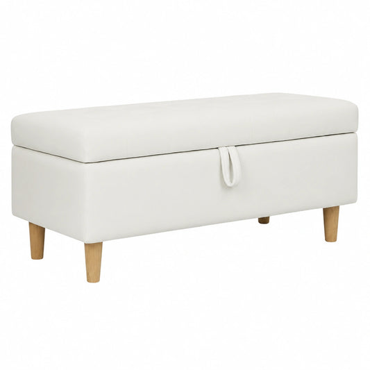 Banco de Almacenamiento de Terciopelo con Capacidad de 71L y Patas de Madera en Blanco Crema