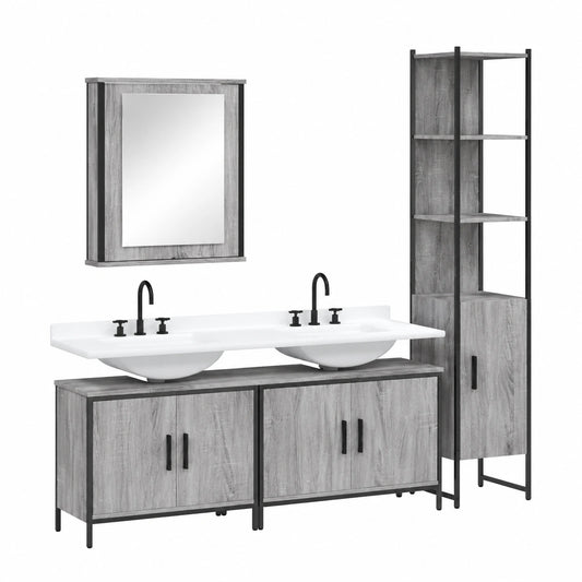 Conjunto de baño moderno en madera Sonoma, incluye espejo, mueble bajo lavabo y armario alto, resistente a la humedad