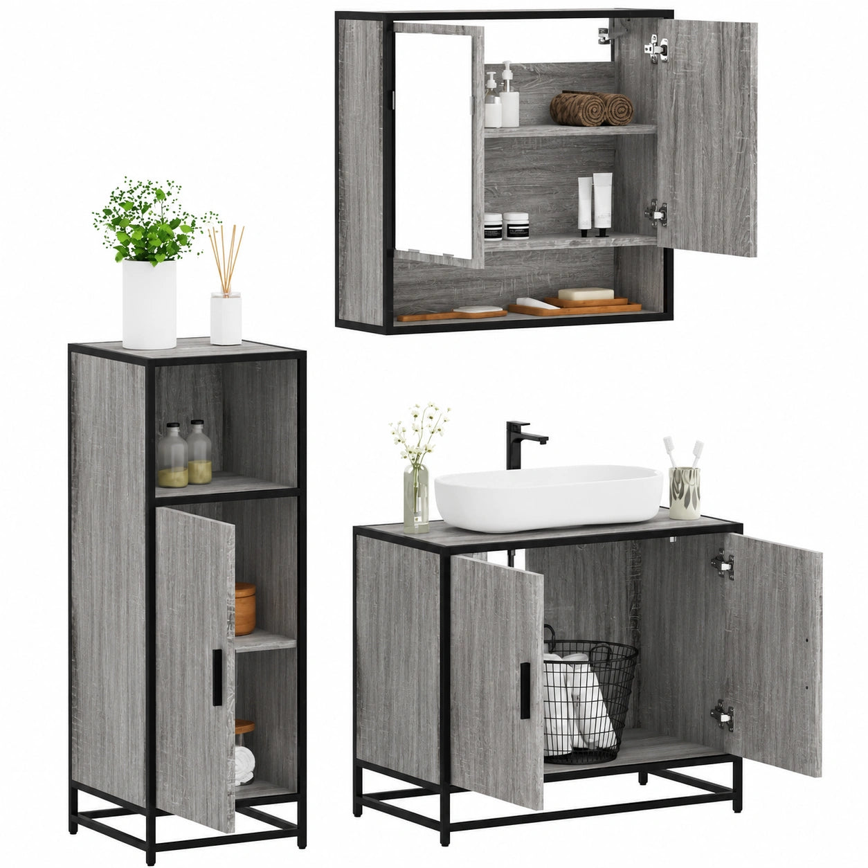 Conjunto de Muebles de Baño Sonoma de 3 Piezas con Espejo y Armarios Duraderos